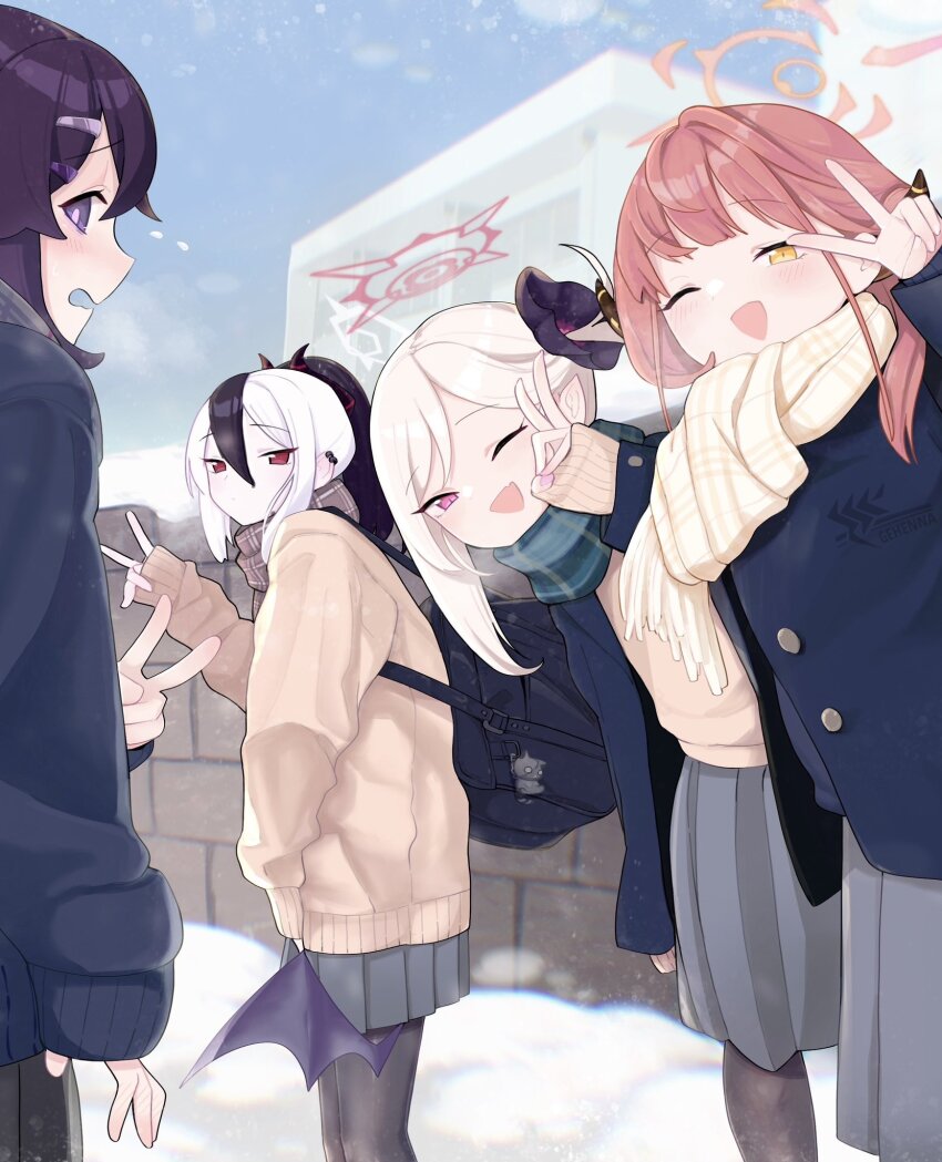 4girls ;d aru_(blue_archive) backpack bag black_pantyhose blue_archive blush breath brown_car car demon_horns fingernails halo haruka_(blue_archive) highres horns kayoko_(blue_archive) long_sleeves looking_at_viewer multiple_girls mutsuki_(blue_archive) nail_polish one_eye_closed open_mouth outdoors pantyhose plaid_clothes plaid_scarf pleated_skirt problem_solver_68_(blue_archive) scarf single_sidelock skirt smile snow snowing urode v winter