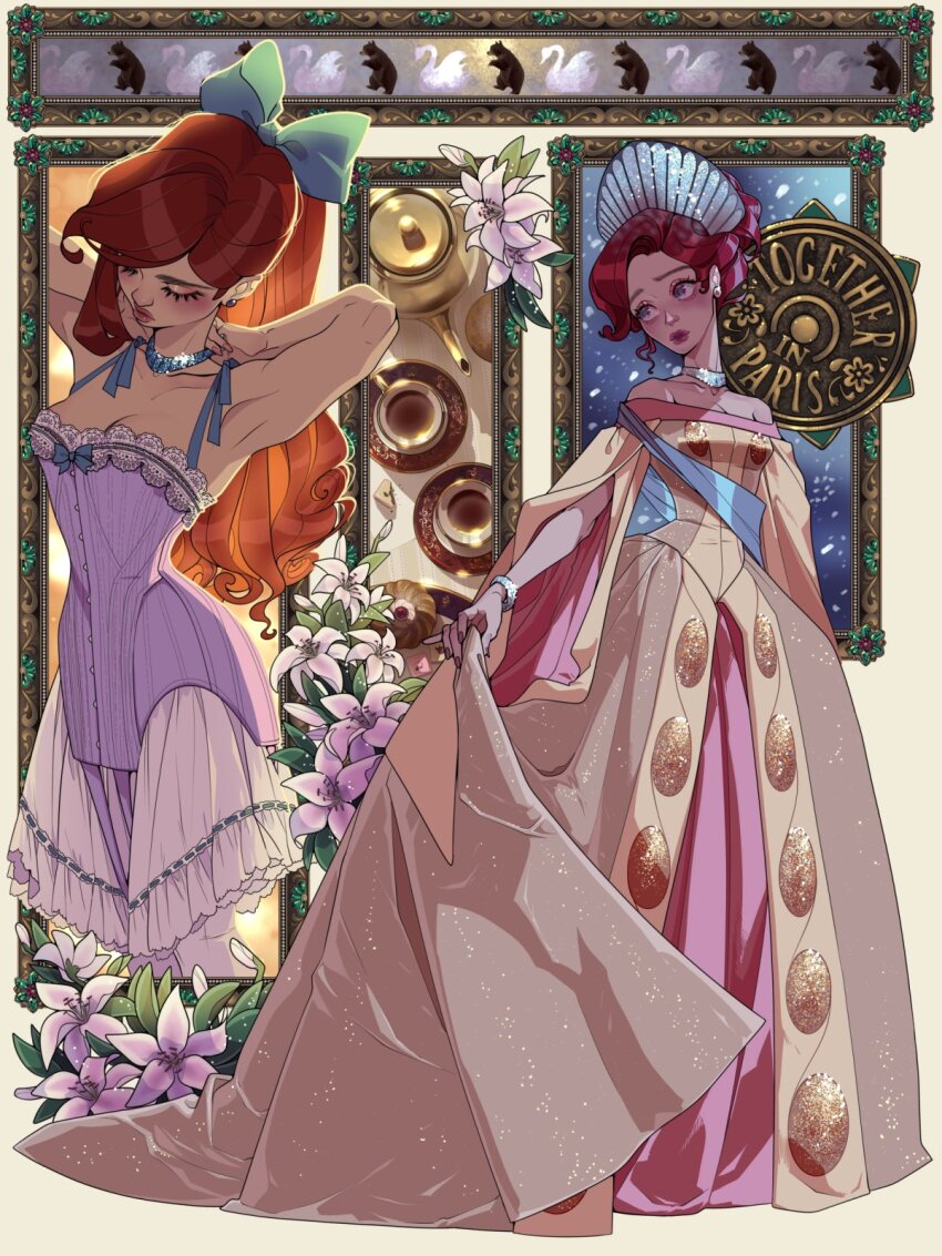 1girl anastasia_(1997) anya_(anastasia) bracelet colette_(lettiebobettie) commentary crown dress earrings english_commentary flower full_body hair_bun highres jewelry looking_to_the_side multiple_views necklace ponytail red_hair skirt_hold strapless strapless_dress swept_bangs yellow_dress