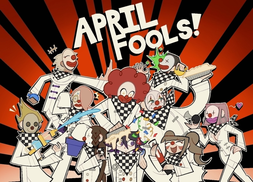 3girls 6+boys afro airhorn april_fools black_hair blonde_hair blush breasts brown_hair buttons checkered_clothes checkered_scarf cleavage clown_mask clown_nose commentary confetti danganronpa_(series) danganronpa_v3:_killing_harmony dice_members_(danganronpa) earrings english_commentary english_text fat fat_man flipped_hair food hair_between_eyes hand_on_own_hip hand_up heart height_difference holding hoop_earrings jewelry long_hair long_sleeves lytoid mask medium_hair multiple_boys multiple_girls oma_kokichi open_mouth outline pie pink_hair purple_eyes purple_hair scarf shirt short_hair smile spiked_hair standing throwing toon_(style) twintails two-tone_scarf water_gun white_outline wig