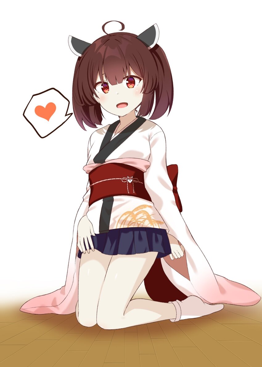 1girl :d ahoge ankle_socks blue_skirt brown_hair chaakusu commentary_request flat_chest full_body gradient_clothes gradient_kimono hair_between_eyes headgear heart highres japanese_clothes kimono kneeling light_blush looking_at_viewer medium_hair miniskirt no_shoes obi obiage obidome obijime on_floor open_mouth plaid_clothes plaid_skirt print_kimono red_eyes red_sash sash skirt smile socks solo spoken_heart tabi thighs touhoku_kiritan twintails voiceroid white_background white_kimono white_socks wide_sleeves