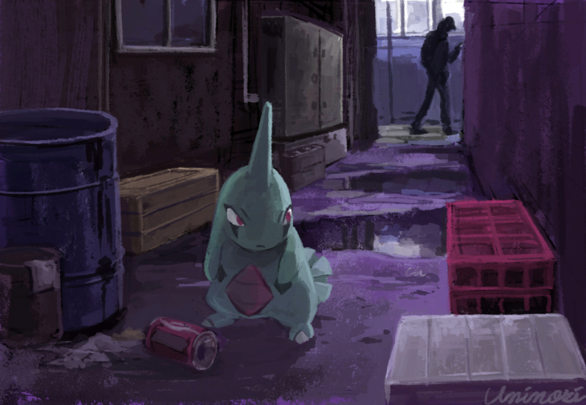 1boy alley barrel can closed_mouth commentary_request gen_2_pokemon hand_up hood hood_up larvitar male_focus nintendo outdoors pokemon pokemon_(creature) red_eyes signature standing uninori window wooden_box