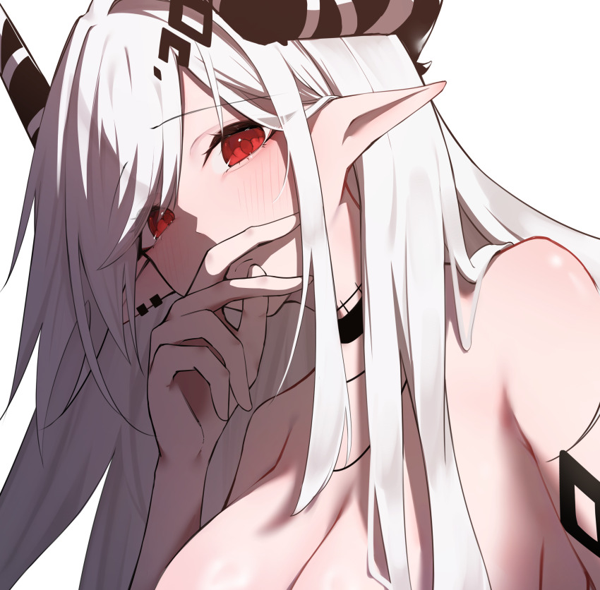 1girl absurdres arknights armpit_crease bare_shoulders black_horns blush breasts closed_mouth commentary_request earrings embarrassed eyes_visible_through_hair flower grey_background hair_behind_ear hair_flower hair_intakes hair_ornament hair_over_shoulder hand_to_own_mouth highres horns infection_monitor_(arknights) jewelry large_breasts long_hair looking_at_viewer mudrock_(arknights) necklace nude parted_bangs pointy_ears red_eyes sidelocks simple_background solo swept_bangs upper_body very_long_hair white_hair worimehl