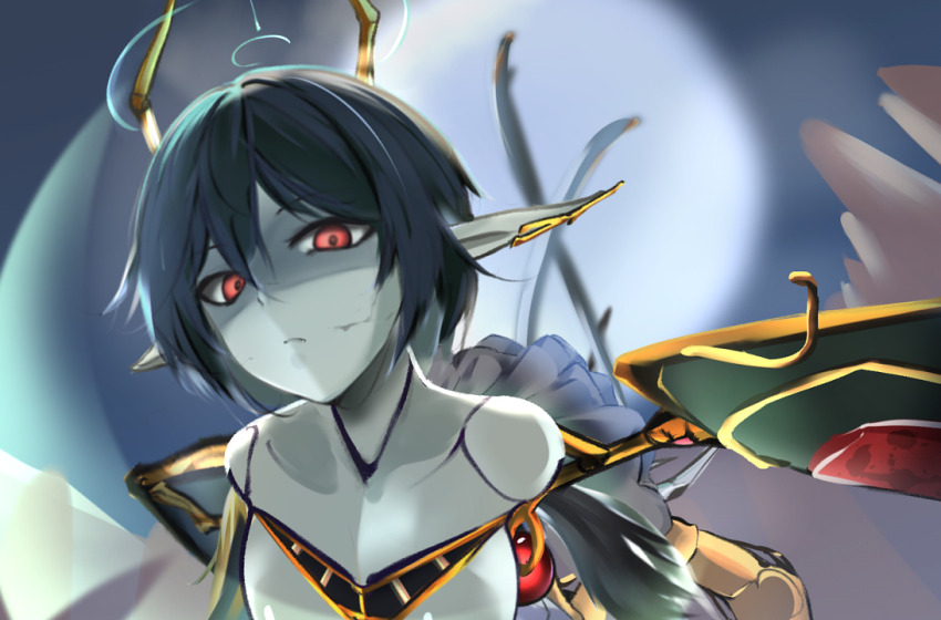 1girl angel angel_wings aqua_halo bare_shoulders blue_background blue_hair blurry breasts closed_mouth cloud colored_skin core depth_of_field eyes_visible_through_hair feathered_wings frilled_skirt frills gnosis_(mon-musu_quest!) gold_horns gold_trim grey_skin grey_skirt hair_between_eyes halo large_breasts layered_skirt light_frown mated mon-musu_quest! mon-musu_quest:_paradox moon night night_sky nose red_eyes shaded_face shield_module short_hair skirt sky unamused wings