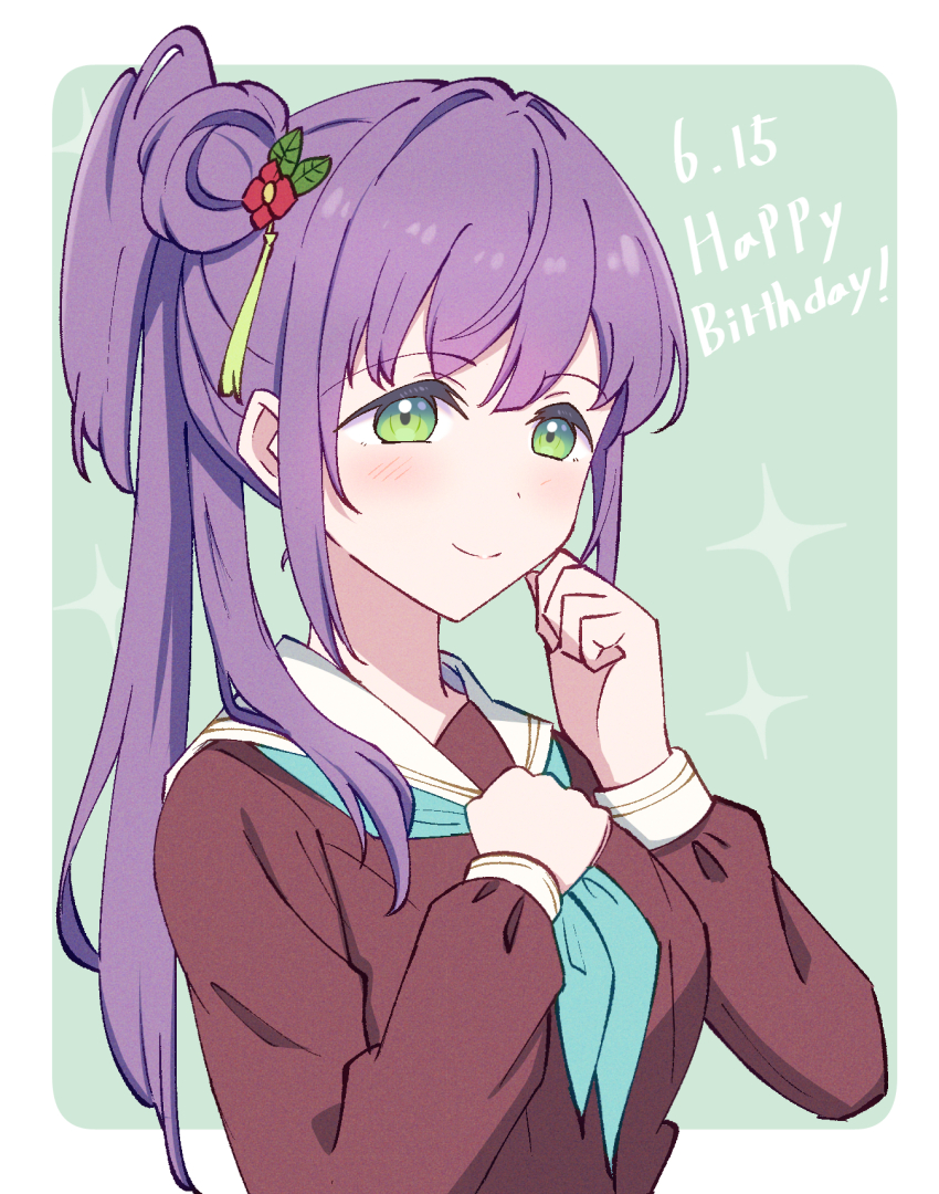 1girl aqua_neckerchief blush border brown_dress clenched_hands closed_mouth commentary dated dress flower green_background green_eyes hair_bun hair_flower hair_ornament hands_up happy_birthday hasu_no_sora_school_uniform highres link!_like!_love_live! lone_nape_hair long_hair long_sleeves looking_at_viewer love_live! neckerchief otomune_kozue outside_border pleated_dress purple_hair reason3_s red_flower sailor_collar sailor_dress school_uniform side_ponytail sidelocks single_side_bun smile solo split_mouth virtual_youtuber white_border white_sailor_collar winter_uniform