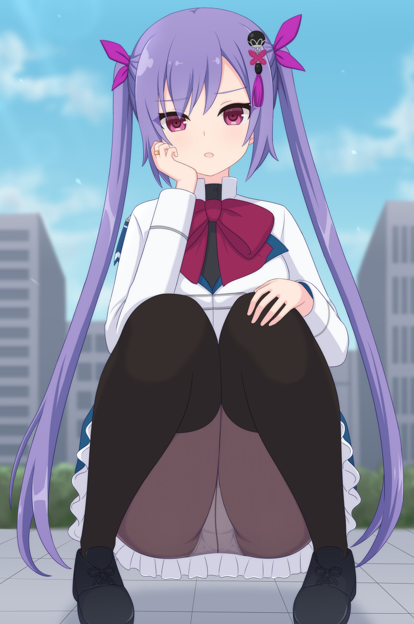 1girl absurdres assault_lily black_shirt black_shoes black_thighhighs blue_sky blurry blurry_background blush bow bowtie breasts brown_pantyhose building city cloud commentary_request crotch_seam day feet_out_of_frame hair_ornament hair_ribbon hand_on_own_cheek hand_on_own_face hand_on_own_knee hands_up haniwa_(kiminozorazio) herensuge_girls_academy_school_uniform highres jacket jewelry knees_together_feet_apart loafers long_hair long_sleeves looking_at_viewer matsumura_fuuka medium_breasts outdoors panties panties_under_pantyhose pantyhose parted_lips pink_eyes pink_ribbon purple_hair red_bow red_bowtie ribbon ring school_uniform shirt shoes sky solo squatting tassel tassel_hair_ornament thighhighs thighhighs_over_pantyhose twintails underwear very_long_hair white_jacket white_panties