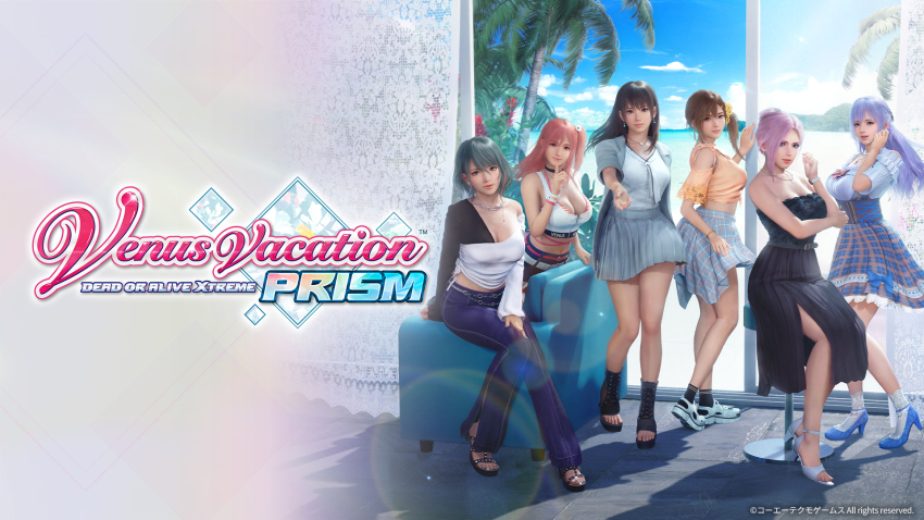 6+girls bare_shoulders bikini black_hair blue_eyes breasts brown_eyes brown_hair cleavage closed_mouth collarbone dead_or_alive dead_or_alive_xtreme dead_or_alive_xtreme_venus_vacation elise_(doa) fiona_(doa) green_eyes green_hair hair_between_eyes hair_ornament hairclip high_heels highres honoka_(doa) jewelry large_breasts legs long_hair looking_at_viewer medium_breasts misaki_(doa) mole mole_under_eye multicolored_hair multiple_girls nanami_(doa) necklace official_art one_side_up open_mouth pink_hair purple_eyes purple_hair scrunchie shirt shoes short_hair side_ponytail skirt skull_hair_ornament smile sneakers standing star_(symbol) star_hair_ornament streaked_hair swimsuit tamaki_(doa) venus_vacation_prism:_dead_or_alive_xtreme white_shirt yellow_scrunchie