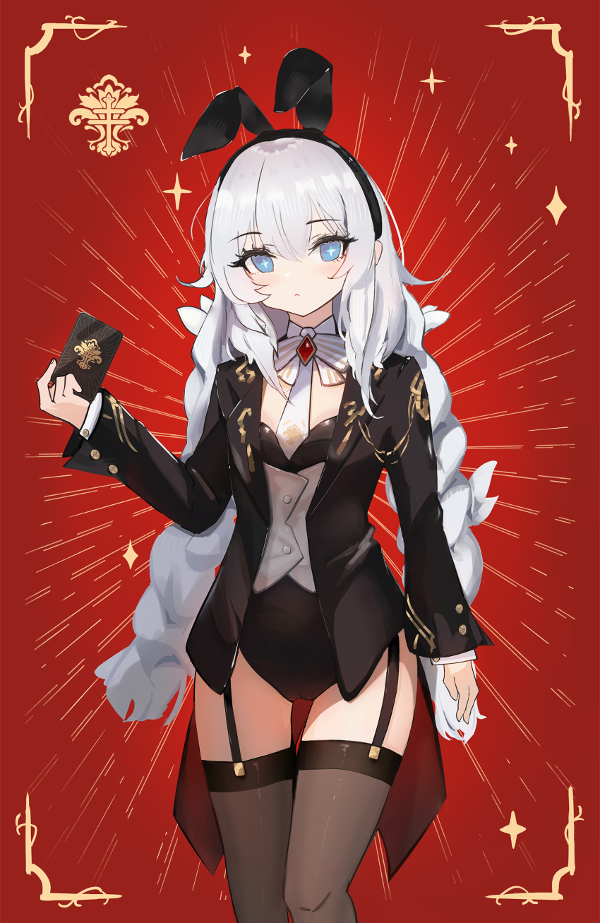 +_+ 1girl absurdres adapted_costume animal_ears azur_lane black_jacket black_leotard black_thighhighs blue_eyes braid breasts card closed_mouth expressionless fake_animal_ears garter_straps grey_hair hairband head_tilt highres holding holding_card jacket le_malin_(azur_lane) le_malin_(listless_lapin)_(azur_lane) leotard low_twin_braids necktie playing_card pure_white_a_type rabbit_ears red_background small_breasts solo standing thigh_gap thighhighs twin_braids vest vichya_dominion_(emblem) waistcoat white_necktie