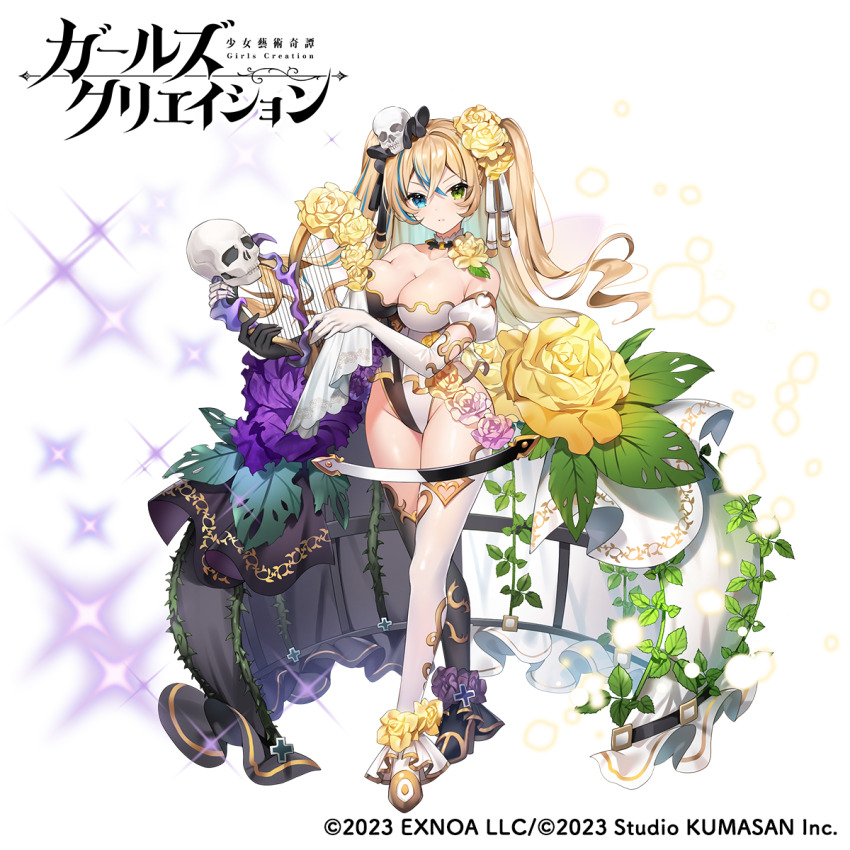 1girl ankle_flower breasts cleavage copyright_notice crinoline flower girls_creation heterochromia highres instrument large_breasts leotard lyre multicolored_leotard skull twintails two-tone_leotard
