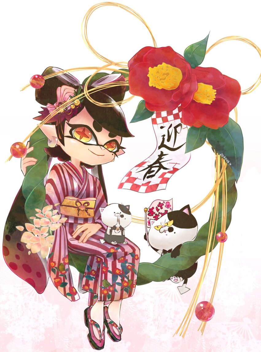 1girl animal animal_on_lap callie_(splatoon) camellia cat closed_mouth cross-shaped_pupils dated earrings flower food food_on_head furisode hair_ornament highres inkling japanese_clothes jewelry judd_(splatoon) kimono li&#039;l_judd_(splatoon) long_hair long_sleeves looking_at_viewer mole mole_under_eye new_year nintendo obi object_on_head okome_2g2g on_lap orange_eyes pink_sandals pointy_ears red_flower red_kimono sandals sash sitting smile socks solo splatoon_(series) striped_clothes striped_kimono sushi swept_bangs symbol-shaped_pupils tabi tentacle_hair vertical-striped_clothes vertical-striped_kimono very_long_hair white_background white_socks wide_sleeves zouri