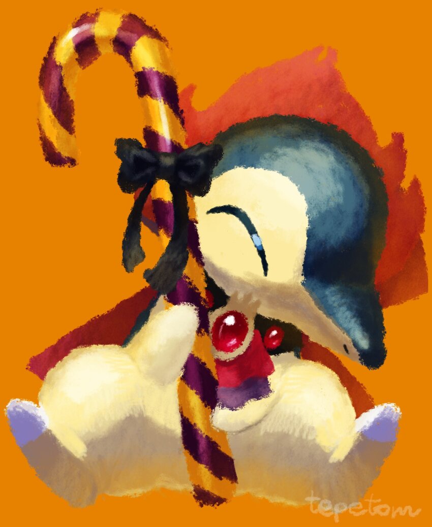 artist_name candy candy_cane cape closed_eyes cyndaquil food gen_2_pokemon halloween highres mixed-language_commentary nintendo no_humans orange_background pokemon pokemon_(creature) ribbon simple_background sitting solo tepetom_(77hhaarruu)