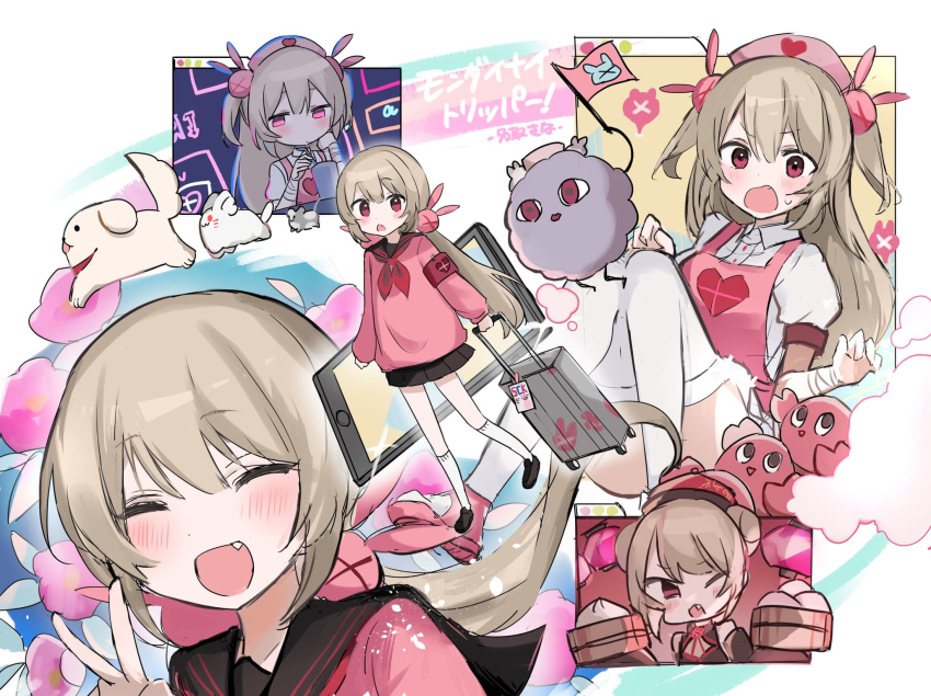 1girl :d apron bamboo_steamer bandaged_wrist bandages black_sailor_collar blush brown_hair closed_eyes commentary_request dog fang flag food hair_ornament hat heart heart_print highres holding holding_flag long_hair looking_at_viewer multiple_views natori_sana natori_sana_(jiangshi) natori_sana_(nurse) natori_sana_(school_uniform) neckerchief neku01n nurse_cap open_mouth pink_apron pink_hat pink_sweater puffy_short_sleeves puffy_sleeves rabbit_hair_ornament red_eyes red_neckerchief saana-kun sailor_collar sana_channel short_sleeves shrimp smile steamed_bun surprised sweater thighhighs translation_request two_side_up v virtual_youtuber white_thighhighs window_(computing)