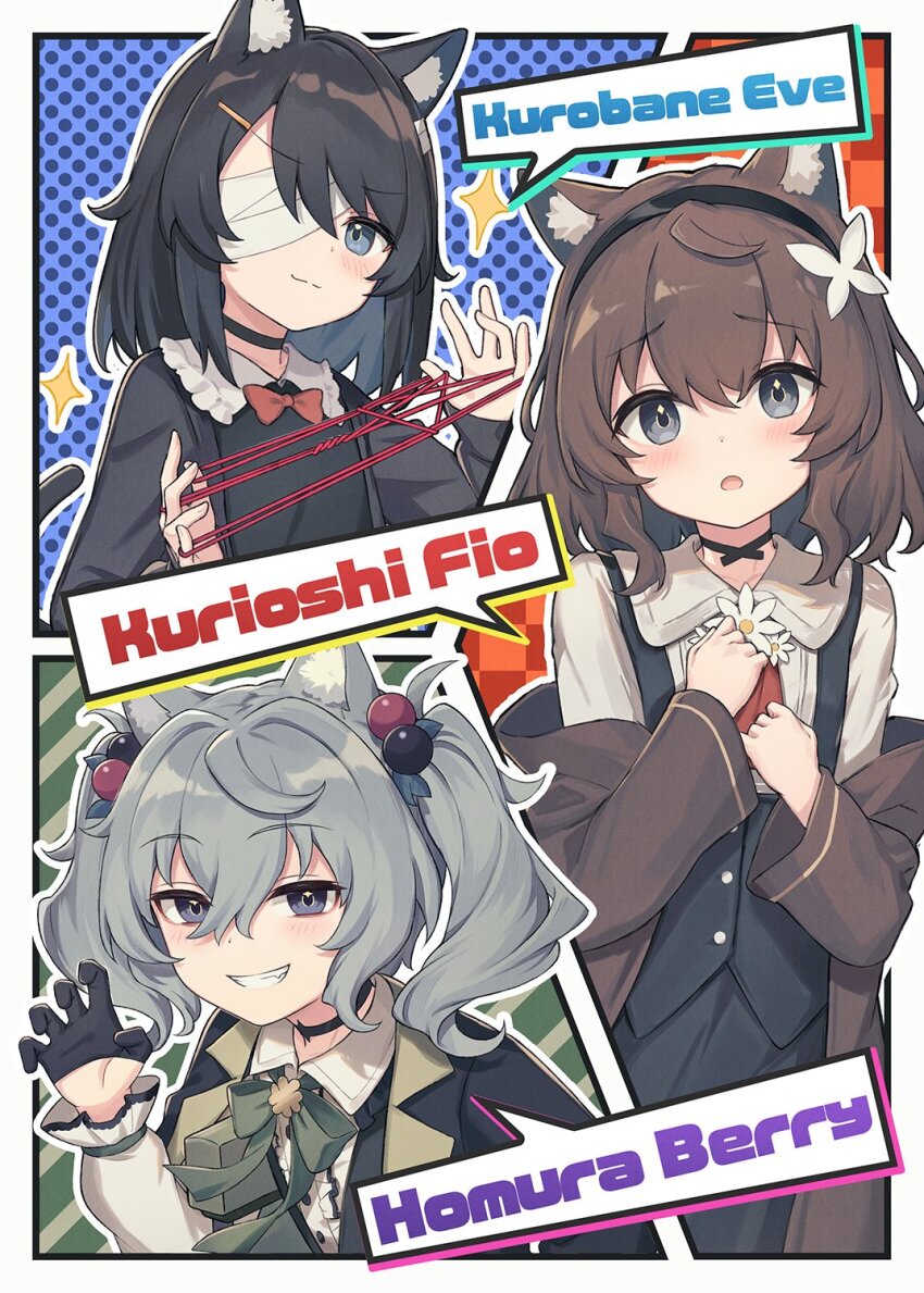 animal_ear_fluff animal_ears bandage_over_one_eye bandaged_head bandages berry-chan_(satou_(3366_s)) black_choker black_coat black_hair black_hairband black_shirt black_sweater_vest black_vest blue_eyes blush bow bowtie brown_coat brown_hair brown_jacket cat&#039;s_cradle cat_ears cat_girl cat_tail choker clothes_down coat collar daisy_(flower) eye_glitter flower green_hair green_ribbon grey_eyes hair_bobbles hair_ornament hairband hairclip head_tilt highres jacket kurioshi_fio kuroha_eve looking_at_viewer multicolored_hair_bobbles original red_bow red_bowtie red_yarn ribbon satou_(3366_s) shirt short_hair smug sparkle string sweater_jacket sweater_vest tail vest white_collar wrapped