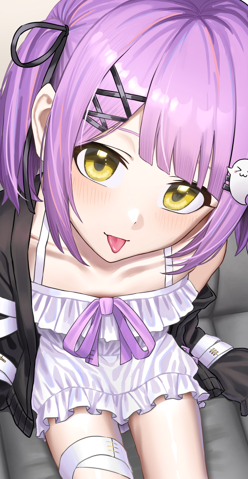 1girl absurdres bandaged_leg bandages blunt_bangs blush close-up collarbone commentary_request couch dress dress_ribbon eden_(edenaldojj) flat_chest frilled_dress frills from_above ghost_hair_ornament hair_ornament hair_ribbon highres jacket jacket_partially_removed long_sleeves looking_at_viewer loungewear on_couch open_clothes open_jacket purple_hair ribbon shinomiya_runa shinomiya_runa_(1st_costume) short_dress short_hair sidelocks sitting sleeveless sleeveless_dress sleeves_past_fingers sleeves_past_wrists solo tongue tongue_out two_side_up virtual_youtuber vspo! white_dress x_hair_ornament yellow_eyes