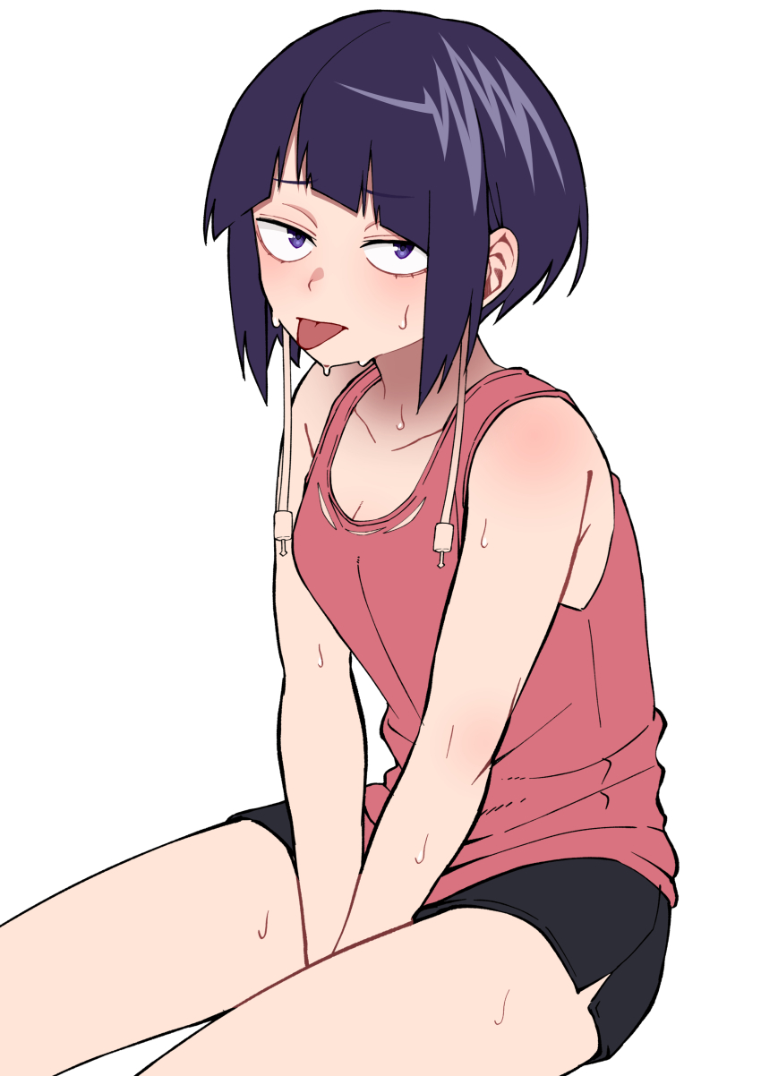 1girl absurdres audio_jack black_shorts boku_no_hero_academia breasts cleavage highres jiro_kyoka kobaji long_earlobes making-of_available pink_tank_top purple_eyes purple_hair shorts simple_background solo sweat tank_top tongue tongue_out v_arms white_background