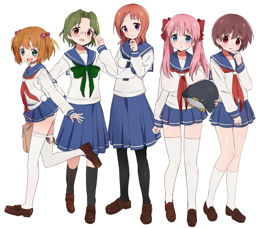5girls :d bag black_socks blue_eyes blush bow breasts brown_eyes brown_hair collarbone etopen fang full_body glasses green_hair hair_bobbles hair_bow hair_ornament haramura_nodoka holding kataoka_yuuki kneehighs large_breasts lineup loafers long_hair long_sleeves looking_at_viewer miniskirt miyanaga_saki multiple_girls neckerchief open_mouth pantyhose pink_hair pleated_skirt red_neckerchief ribbon-trimmed_thighhighs ribbon_trim rimless_eyewear saki_(manga) school_uniform serafuku shirt shisoneri shoes short_hair simple_background skirt sleeves_past_wrists small_breasts smile socks someya_mako standing standing_on_one_leg takei_hisa thighhighs twintails white_background white_legwear zettai_ryouiki