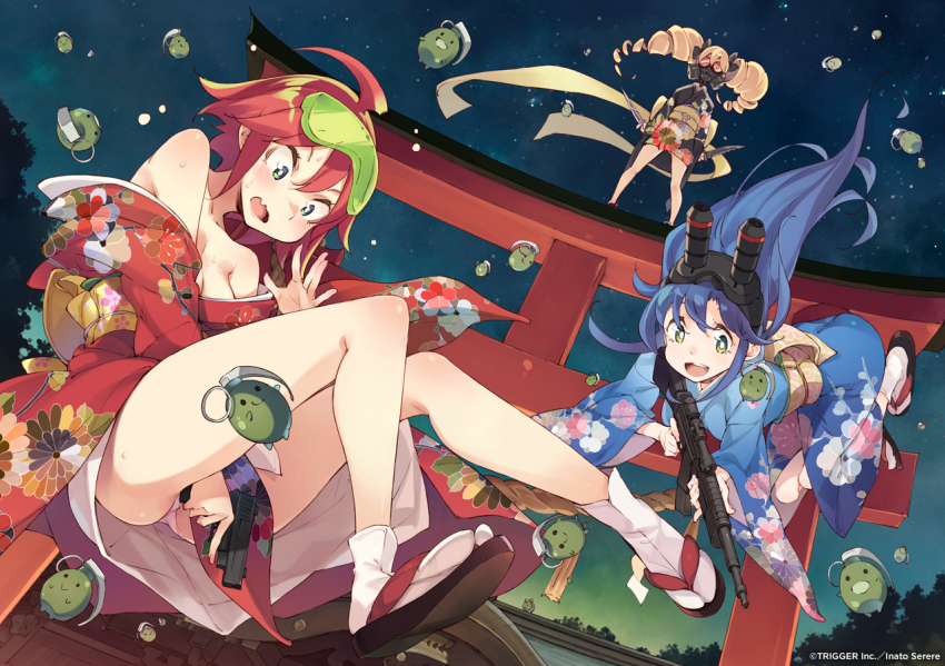 2girls :&gt; :d ahoge ass bare_shoulders blonde_hair blue_hair blush breasts cleavage collarbone commentary_request copyright_name drill_hair dual_wielding explosive floral_print frag_(trigger) full_body gas_mask gate goggles goggles_on_head green_eyes grenade gun hair_between_eyes holding holding_weapon inato_serere japanese_clothes kimono long_hair luluco mask multiple_girls muzzle_(trigger) night night-vision_device night_sky off_shoulder open_clothes open_kimono open_mouth outdoors panties pantyshot pink_panties red_hair rifle rope sandals sash short_hair sky smile sniper_rifle socks spring_(trigger) standing star_(sky) starry_sky sweatdrop teeth thighs torii trigger-chan trigger_(company) twin_drills twintails uchuu_patrol_luluco underwear wavy_mouth weapon white_legwear