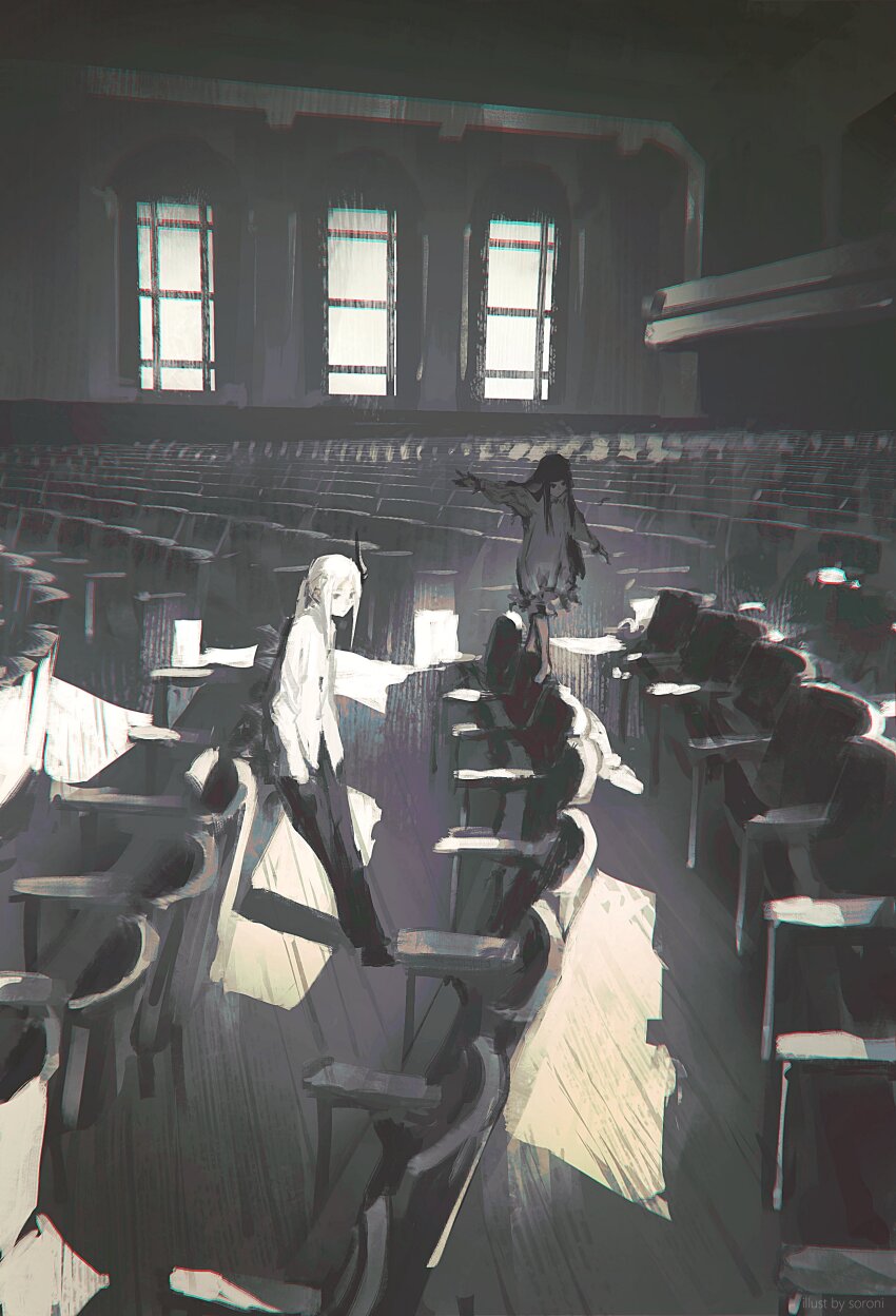 2girls absurdres black_hair black_horns black_pants chair closed_mouth dress hands_in_pockets highres horns long_hair multiple_girls on_chair original pants shirt single_horn sorrowny standing standing_on_chair white_dress white_shirt window