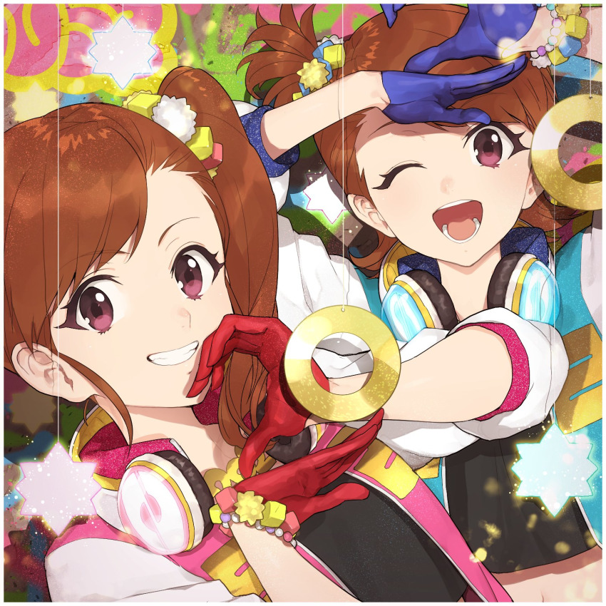 2girls ;d arms_up black_shirt blue_jacket border brown_hair commentary_request futami_ami futami_mami gloves grin half-heart_hands hands_up headphones headphones_around_neck highres hitoto idolmaster idolmaster_(classic) jacket long_hair long_sleeves looking_at_viewer multiple_girls navel one_eye_closed open_mouth parted_lips pink_jacket purple_eyes red_gloves shirt short_hair siblings side_ponytail smile teeth twins upper_body white_border