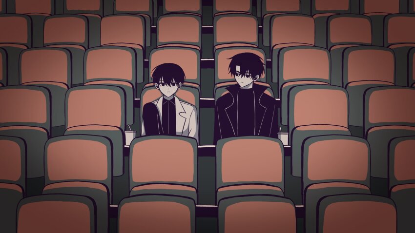 2boys black_coat black_eyes black_hair black_shirt coat collared_shirt cup hashtag-only_commentary head_tilt highres kim_dokja knee_up len_i00 looking_at_another looking_at_viewer male_focus movie_theater multiple_boys omniscient_reader&#039;s_viewpoint open_clothes open_coat popped_collar shirt short_hair sitting upper_body white_coat yoo_joonghyuk