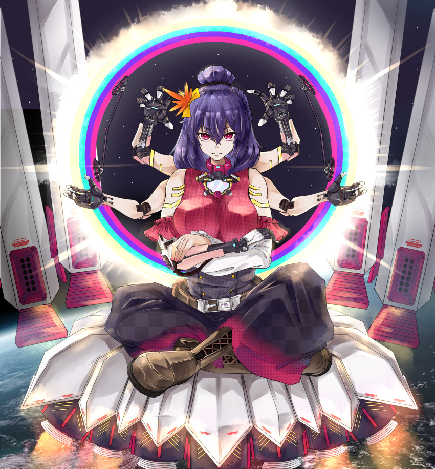 1girl absurdres belt blue_skirt boots breasts brown_boots closed_mouth cyberpunk cyborg earth_(planet) extra_arms floating hair_ornament hakurei_fling halo highres joints large_breasts long_skirt looking_at_viewer mechanical_arms medium_hair mirror non-web_source planet prosthesis prosthetic_arm purple_hair red_eyes red_shirt robot_joints rocket shirt short_hair skirt sleeveless solo space touhou yasaka_kanako