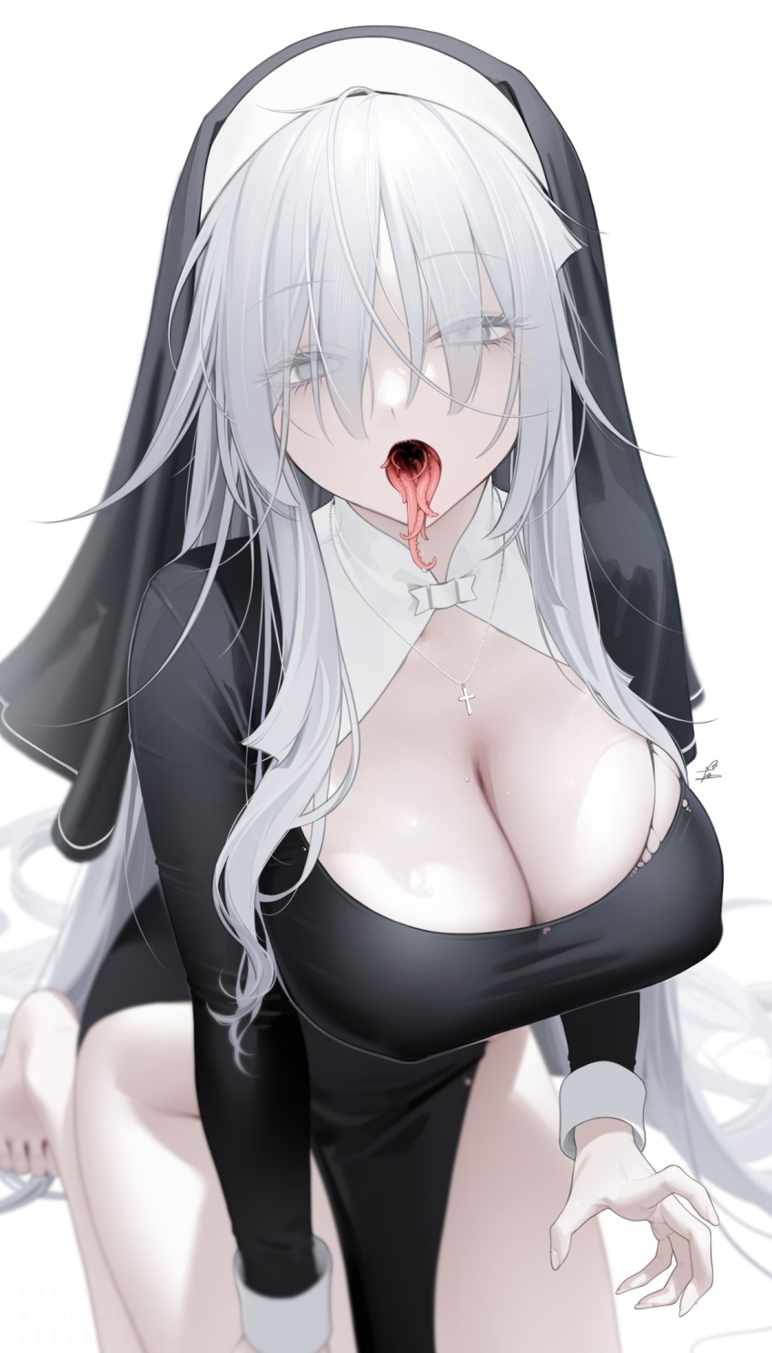 1girl absurdly_long_hair albino azur_lane bare_legs barefoot blind blunt_ends breasts collared_shirt covered_erect_nipples cross cross_necklace drooling eldritch_abomination fancy_(azur_lane) feet grey_eyes grey_hair habit hair_between_eyes highres jewelry kneeling large_breasts long_eyelashes long_hair long_sleeves looking_at_viewer multiple_tongues necklace nun ohisashiburi pale_skin saliva shirt signature solo tongue tongue_out torn_clothes very_long_hair white_background