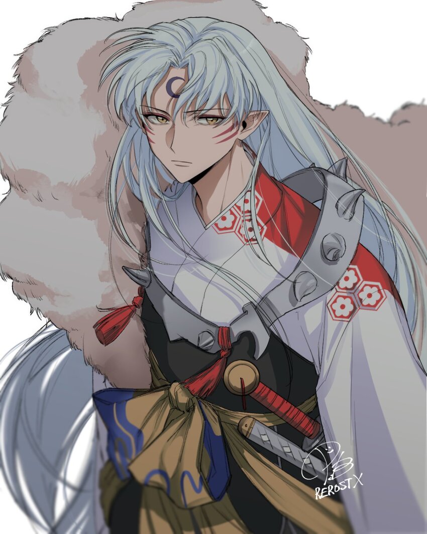 1boy armor bishounen crescent crescent_facial_mark facial_mark forehead_mark highres inuyasha japanese_armor japanese_clothes katana kimono long_hair m_m_pb male_focus pointy_ears sesshoumaru solo spikes sword upper_body weapon white_background white_hair white_kimono yellow_eyes