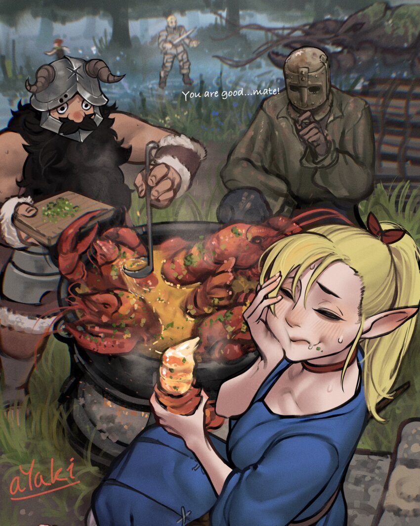 2girls 3boys armor artist_name ayaki_blade beard black_eyes black_hair blackguard_big_boggart blonde_hair blush brown_hair chilchuck_tims closed_eyes commentary cooking cooking_pot crayfish crossover dungeon_meshi dwarf eating elden_ring elf english_commentary english_text facial_hair fake_horns food giant_crayfish_(elden_ring) grass helmet highres holding holding_food holding_ladle holding_sword holding_weapon horned_helmet horns in-universe_location ladle laios_touden long_beard long_sleeves marcille_donato multiple_boys multiple_girls mustache outdoors pointy_ears ponytail running senshi_(dungeon_meshi) sitting sitting_on_stairs stairs sweatdrop sword thick_mustache tree very_long_beard weapon wetland