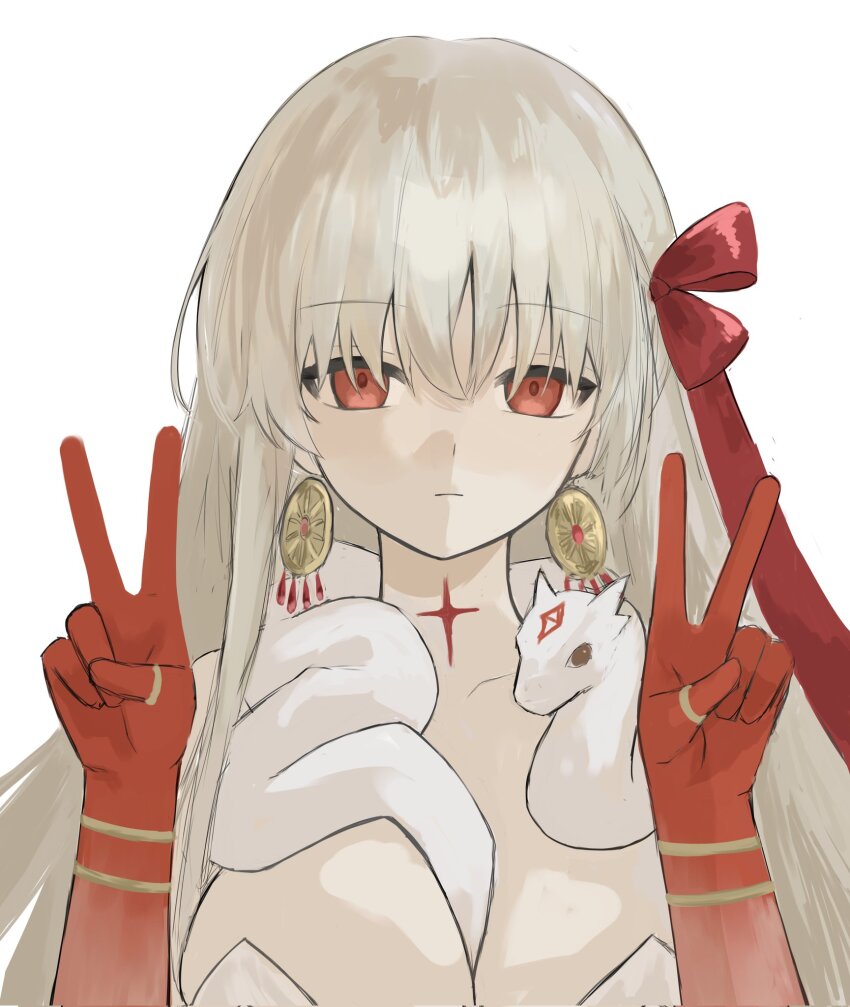bangle body_markings bow bracelet breasts cleavage colored_skin double_v durga_(fate) durga_(first_ascension)_(fate) earrings expressionless fate/grand_order fate_(series) hair_bow highres jewelry long_hair red_eyes ring rurubusandayo simple_background sketch snake v white_background white_hair white_snake