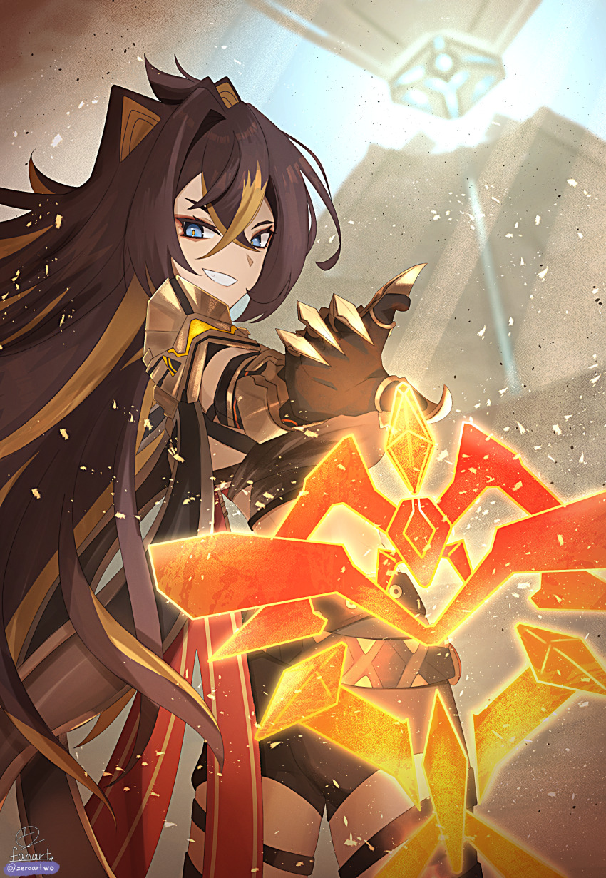 1girl arm_armor black_gloves blonde_streaks blue_eyes blurry blurry_background brown_hair clawed_gauntlets commentary_request cowboy_shot crossed_bangs dehya_(genshin_impact) genshin_impact gloves grin hair_between_eyes hair_ears highres long_hair looking_at_viewer multicolored_hair outdoors pyramid_(structure) reaching smile solo streaked_hair twisted_torso twitter_username very_long_hair yellow_pupils zeroartwo
