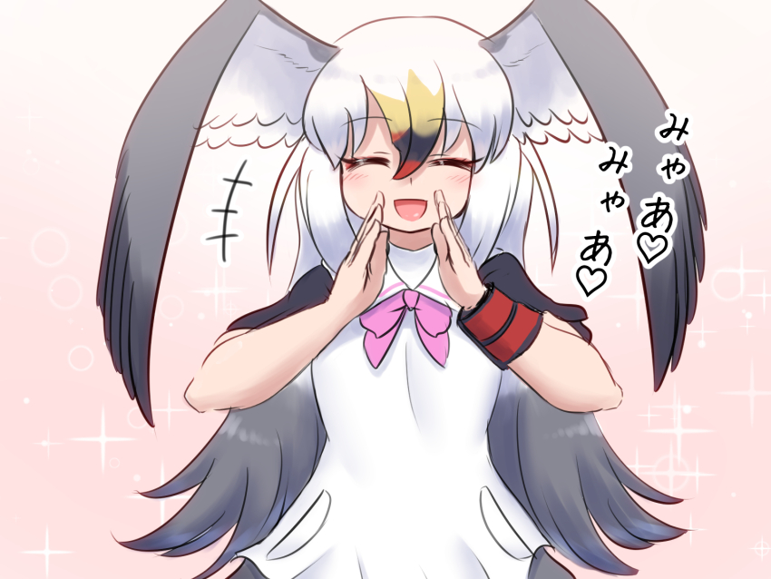 1girl bird_girl bird_tail bird_wings black-tailed_gull_(kemono_friends) black_hair blonde_hair blush bow bowtie dress grey_hair hair_between_eyes head_wings highres kemono_friends long_hair looking_at_viewer mo23 multicolored_hair open_mouth short_sleeves smile solo tail white_hair wings