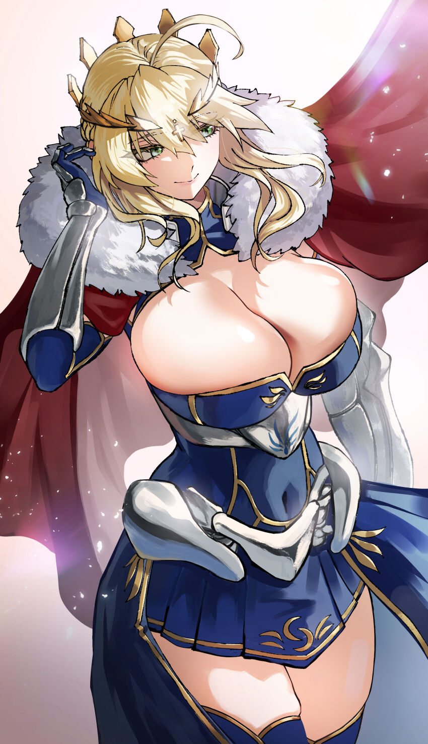 1girl absurdres ahoge armor artoria_pendragon_(fate) artoria_pendragon_(lancer)_(fate) bare_shoulders blonde_hair blue_dress blue_gloves blue_thighhighs braid breasts cape cleavage cleavage_cutout clothing_cutout covered_navel crown dress elbow_gloves fate/grand_order fate_(series) faulds fur-trimmed_cape fur_trim gauntlets gloves green_eyes hair_between_eyes highres large_breasts long_hair looking_to_the_side red_cape shibao_aoyama sidelocks smile solo thighhighs thighs