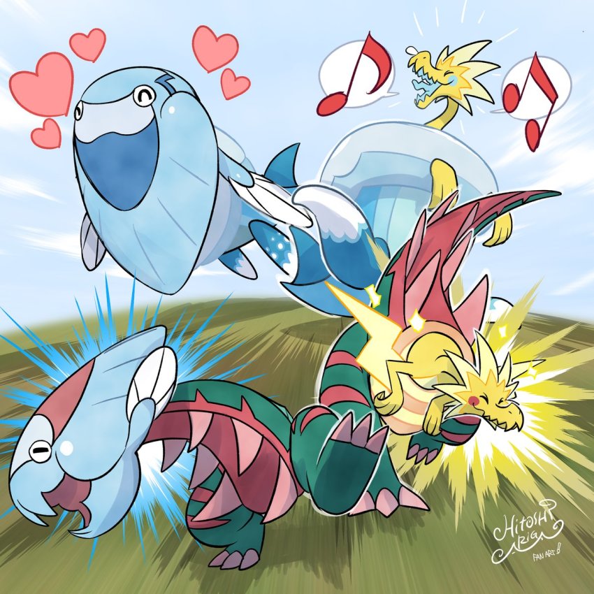 arctovish arctozolt ariga_hitoshi closed_eyes closed_mouth commentary_request dracovish dracozolt fang gen_8_pokemon happy heart highres musical_note nintendo no_humans open_mouth pokemon pokemon_(creature) signature skin_fang spoken_musical_note tongue watermark