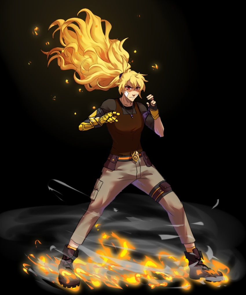 1girl artist_request fire highres pants rwby tagme yang_xiao_long