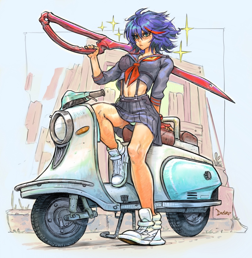 1girl artist_name black_shirt black_skirt blue_eyes breasts cropped_shirt debirudude fingerless_gloves gloves hair_between_eyes highres kill_la_kill matoi_ryuuko medium_breasts messy_hair midriff motor_vehicle motorcycle multicolored_hair navel on_motorcycle panties panty_peek purple_hair red_gloves red_hair scooter senketsu shirt shoes single_glove sitting skirt sneakers solo streaked_hair suspender_skirt suspenders underwear vespa white_shoes