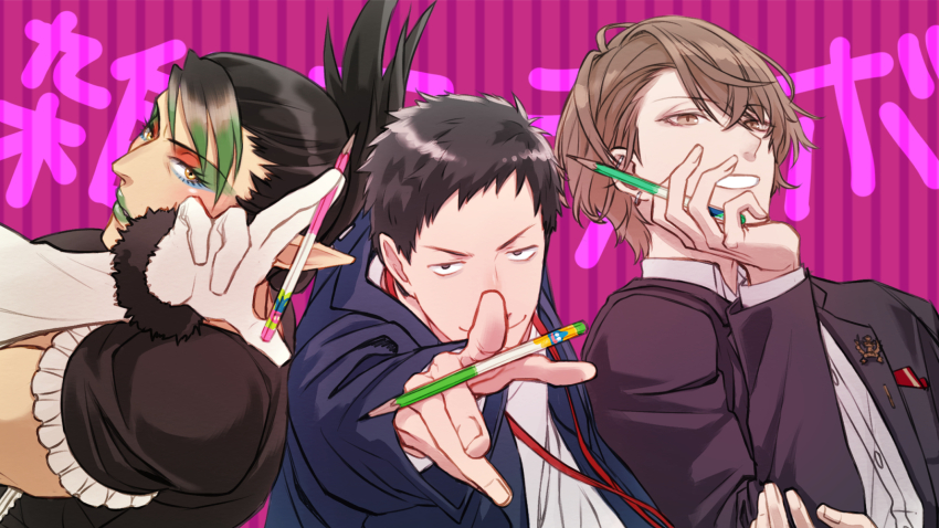 3boys barbell_piercing black_dress black_eyes black_hair black_jacket blue_jacket breast_pocket brown_eyes brown_hair closed_mouth collared_shirt commentary_request crossdressing crossdressing_(mtf) crossed_bangs dress ear_piercing earrings elbow_gloves eyeshadow folded_ponytail frilled_sleeves frills gloves gradient_hair green_eyeshadow green_hair green_lips grin hair_between_eyes hanabatake_chaika hanabatake_chaika_(1st_costume) hand_up highres holding holding_pencil industrial_piercing jacket jewelry kagami_hayato kagami_hayato_(1st_costume) lanyard long_sleeves looking_at_viewer maid makeup male_focus multicolored_eyeshadow multicolored_hair multiple_boys nijisanji official_alternate_costume open_clothes open_jacket outstretched_arm parted_bangs parted_lips pencil piercing pocket pocket_square pointy_ears puffy_short_sleeves puffy_sleeves purple_background red_eyeshadow shirt short_hair short_sleeves smile striped_background succo_gura upper_body v-shaped_eyebrows very_short_hair virtual_youtuber white_gloves white_shirt wing_collar yashiro_kizuku yashiro_kizuku_(2nd_costume) yellow_eyes