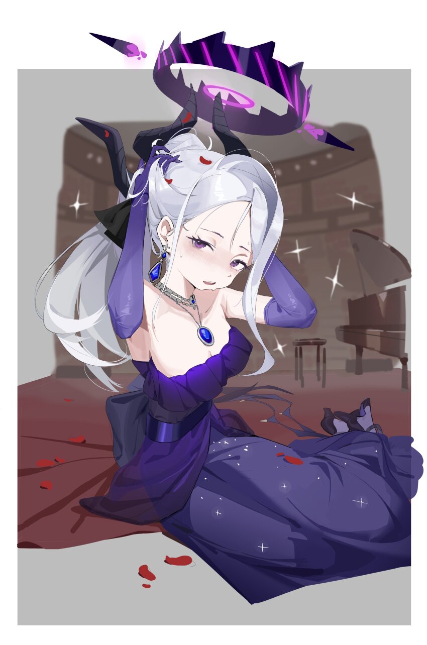 1girl absurdres back_bow bare_shoulders black_ribbon blue_archive blue_gemstone blush border bow breasts demon_horns dress earrings elbow_gloves falling_petals gem gloves hair_ribbon halo highres hina_(blue_archive) hina_(dress)_(blue_archive) horns instrument jewelry long_hair multiple_horns necklace official_alternate_costume open_mouth outside_border petals piano purple_bow purple_dress purple_eyes purple_gloves red_petals ribbon shuishi_tidu sitting small_breasts solo strapless strapless_dress sweatdrop tying_hair white_border white_hair yokozuwari
