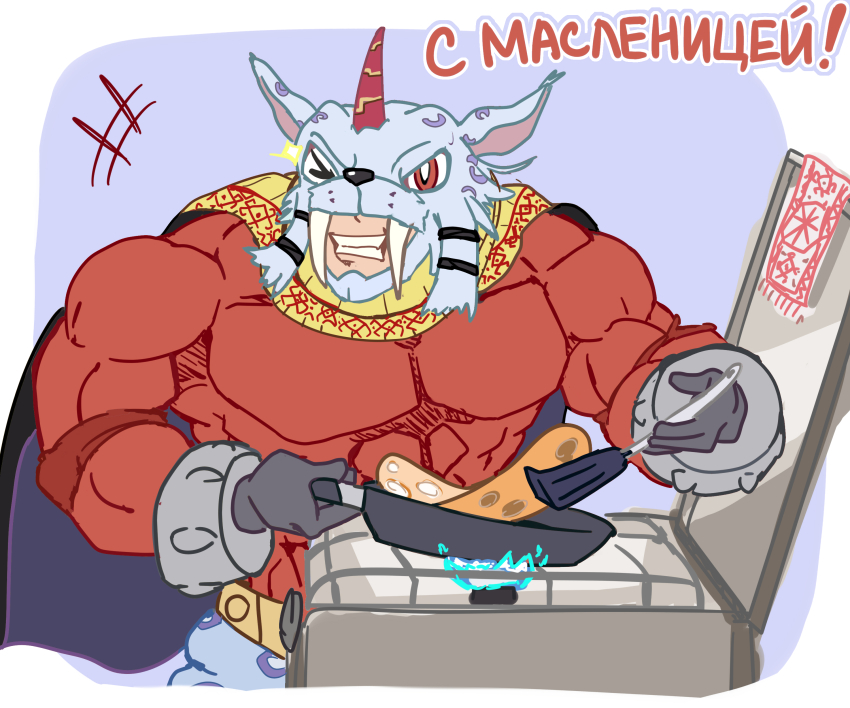 absurdres cooking digimon digimon_(creature) highres marsmon muscular muscular_male one_eye_closed smile solo wink