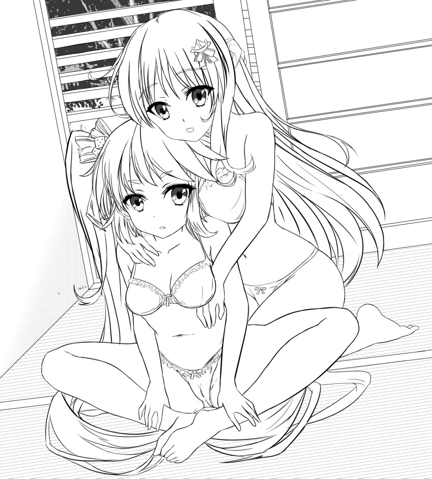 2girls andrea_doria_(warship_girls_r) barefoot bra breasts caio_duilio_(warship_girls_r) cleavage collarbone feet feet_together greyscale hair_ornament highres long_hair looking_at_viewer medium_breasts monochrome multiple_girls navel panties seiza sitting twintails underwear victorvw warship_girls_r window