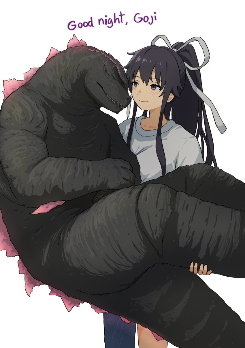 1girl :d absurdres asymmetrical_clothes black_hair clothing_cutout commentary commission crossover english_commentary english_text godzilla godzilla_(monsterverse) godzilla_(series) godzilla_evolved godzilla_x_kong:_the_new_empire hair_ribbon highres kaiju kanzaki_kaori king_kong_(series) long_hair monster monsterverse open_mouth ponytail purple_eyes reverse_princess_carry ribbon sharp_teeth shirt single_pantsleg smile tatararashi teeth toaru_majutsu_no_index toho white_background white_shirt