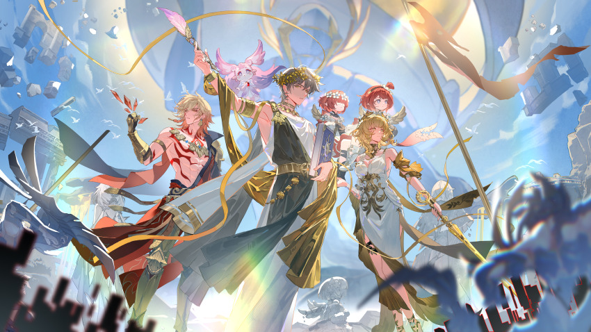 2girls 3girls absurdres aglaea_(honkai:_star_rail) ancient_greek_clothes angel_wings armored_boots armored_gloves black_pants blonde_hair blue_sky boots breasts caelus_(honkai:_star_rail) chest_tattoo chinese_commentary commentary_request dress feathers gold_boots gold_gloves greco-roman_clothes guaisanmu head_wreath highres holding holding_feather holding_sword holding_weapon honkai:_star_rail honkai_(series) large_breasts laurel_crown mem_(honkai:_star_rail) multiple_girls mydei_(honkai:_star_rail) pants red_hair red_tattoo short_hair sky sword tattoo toga toned toned_male trailblazer_(honkai:_star_rail) tribbie_(honkai:_star_rail) trinnon_(honkai:_star_rail) weapon white_dress wings