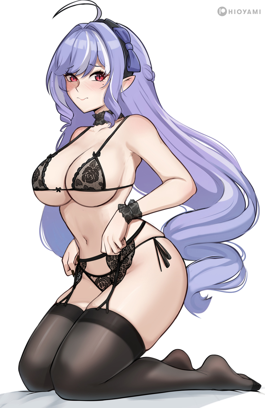1girl bikini black_bra black_garter_belt black_hairband black_panties blush bra breasts choker closed_mouth commentary english_commentary full_body garter_belt garter_straps hair_ornament hairband highres hioyami kneeling large_breasts lingerie long_hair looking_at_viewer multicolored_hair paid_reward_available panties pointy_ears purple_hair simple_background solo streaked_hair swimsuit thighhighs thighs underboob underwear vivian_banshee white_background white_hair zenless_zone_zero
