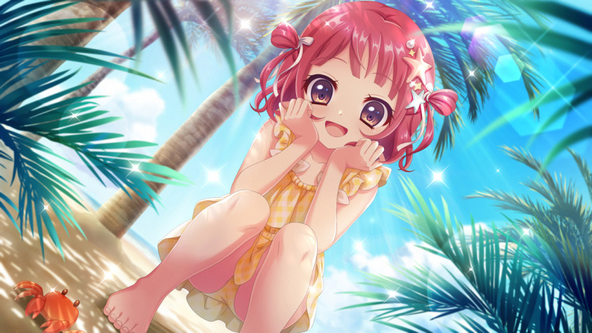 1girl :d barefoot beach blue_sky brown_eyes cloud collarbone crab day dot_nose dutch_angle film_grain game_cg hands_on_own_face head_tilt izumi_tsubasu lens_flare looking_at_viewer non-circular_lens_flare non-web_source official_art open_mouth outdoors palm_tree re:stage! red_hair ribbon short_hair sky smile solo sorano_neon sparkle squatting starfish_hair_ornament swimsuit swimsuit_skirt tree two_side_up white_ribbon