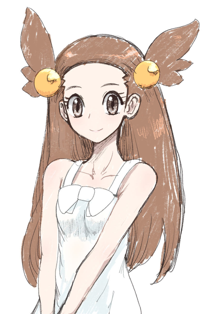 1girl bare_arms brown_eyes brown_hair collarbone commentary_request dress eyelashes hair_bobbles hair_ornament haloh happy highres jasmine_(pokemon) long_hair looking_at_viewer nintendo pokemon pokemon_gsc simple_background sleeveless sleeveless_dress solo two_side_up upper_body white_background white_dress
