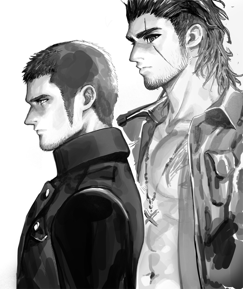 2boys bara beard collared_shirt cor_leonis expressionless facial_hair final_fantasy final_fantasy_xv from_side gladiolus_amicitia greyscale hair_slicked_back highres in_higashiyama jewelry long_sideburns looking_at_another male_focus mature_male medium_hair monochrome multiple_boys necklace pectoral_cleavage pectorals scar scar_across_eye scar_on_face shirt short_hair sideburns stubble undercut upper_body