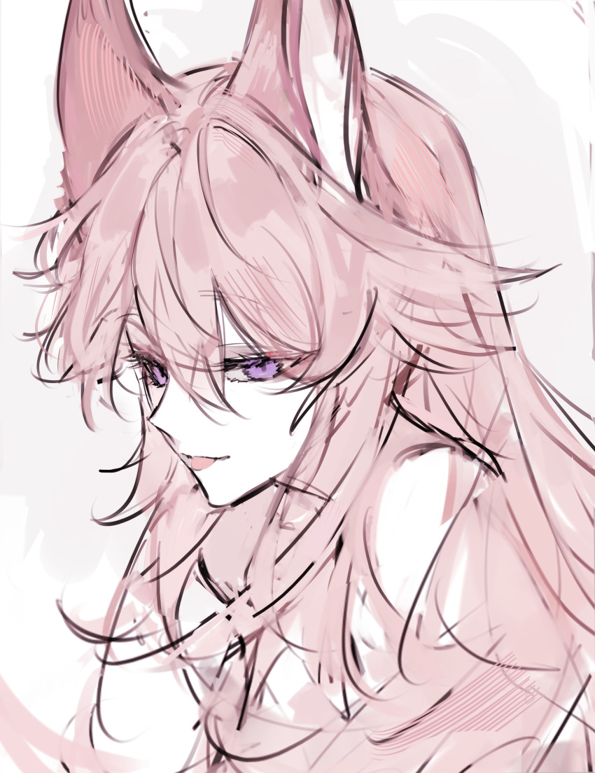 1girl :p absurdres animal_ears chinese_commentary commentary_request double-parted_bangs ears_up fox_ears fox_girl genshin_impact grey_background hair_between_eyes highres long_hair looking_ahead messy_hair pink_hair portrait purple_eyes simple_background sketch solo three_quarter_view tongue tongue_out tsurime yae_miko yingxizu99