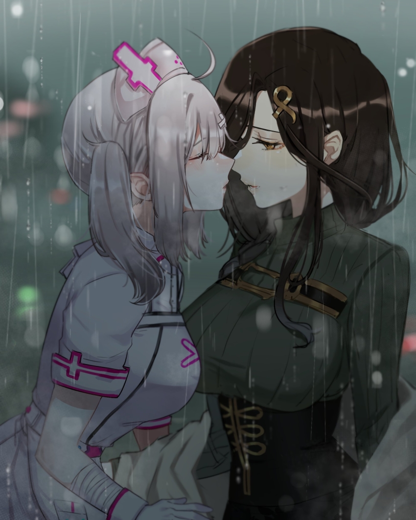 2girls absurdres ahoge bandaged_wrist bandages bandaid bandaid_hair_ornament black_corset black_hair blurry blurry_background breasts character_request check_character chinese_commentary closed_eyes commentary corset dress face-to-face from_side gloves green_sweater hair_ornament half-closed_eyes hat heads_together highres imminent_kiss kotori_(b-i-r-d) large_breasts long_hair medium_breasts multiple_girls nijisanji nurse_cap off_shoulder profile rain shirayuki_tomoe short_sleeves side_ponytail standing_in_rain sukoya_kana sweater turtleneck turtleneck_sweater upper_body virtual_youtuber white_dress white_gloves white_hair yellow_eyes yuri
