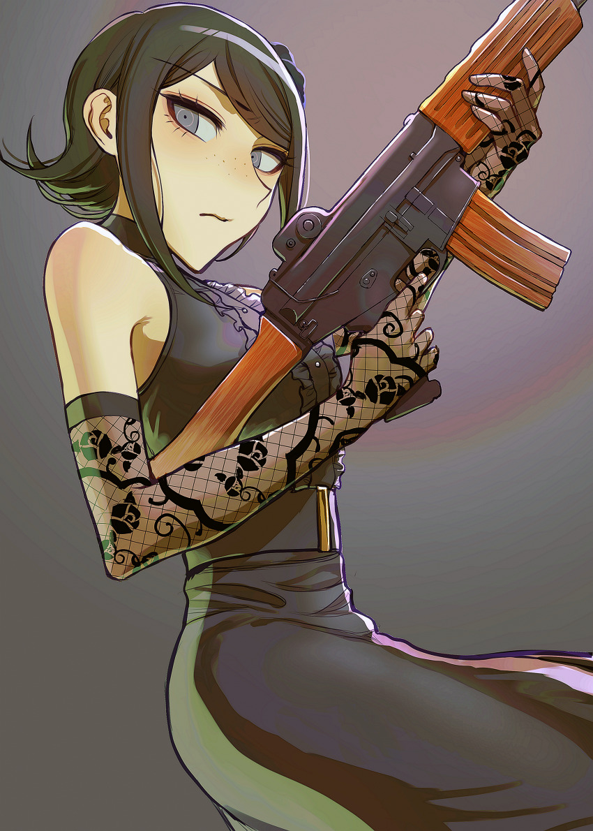 1girl absurdres armpit_crease black_dress black_hair closed_mouth danganronpa:_trigger_happy_havoc danganronpa_(series) dress eyebrows eyelashes female_focus fishnet_gloves fishnets floral_print freckles gloves gradient_background grey_eyes gun highres holding holding_gun holding_rifle holding_weapon ikusaba_mukuro katahaba_(wawawa_wa_haha) looking_to_the_side parted_bangs rifle simple_background sleeveless sleeveless_dress solo weapon