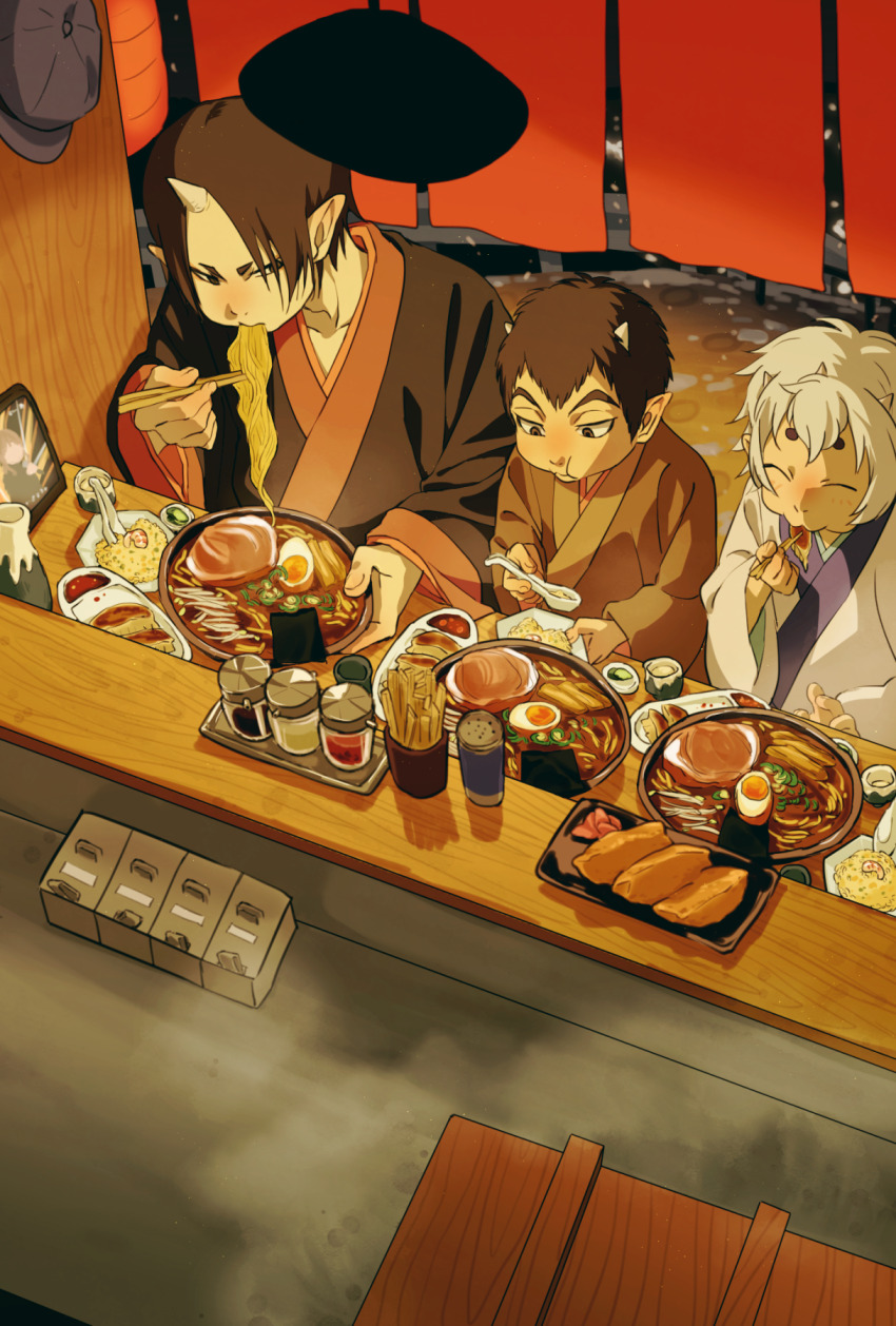 3boys black_hair black_kimono commentary_request eating food highres hoozuki_(hoozuki_no_reitetsu) hoozuki_no_reitetsu japanese_clothes karauri_(hoozuki_no_reitetsu) kimono matsumine_(twin-mix) multiple_boys nasubi_(hoozuki_no_reitetsu) noodles pointy_ears restaurant sitting udon white_hair white_kimono