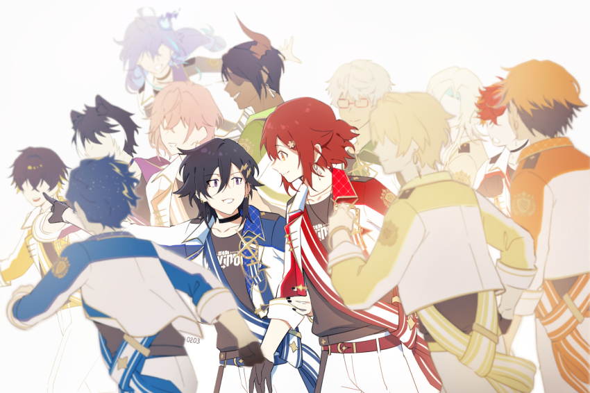 6+boys :d animal_ears antenna_hair aqua_hair aragami_oga arurandeisu astel_leda asymmetrical_bangs belt black_choker black_gloves black_hair black_nails black_shirt blonde_hair blue_belt blue_hair blue_jacket blurry bracelet choker closed_mouth collarbone commentary cowboy_shot crew_neck cropped_jacket curtained_hair dark-skinned_male dark_skin demon_horns depth_of_field ear_piercing earrings everyone eye_contact eyepatch facing_away flower glasses gloves grabbing_another&#039;s_arm green_jacket grey_hair hair_between_eyes hair_flower hair_ornament hair_over_one_eye hairclip half_updo hanasaki_miyabi highres hitodama hizaki_gamma holostars holostars_idol_uniform_(movin_on) horns idol_clothes jackal_boy jackal_ears jacket jewelry kageyama_shien kanade_izuru kishido_temma lapel_pin lapels lightning_bolt lightning_bolt_hair_ornament lightning_bolt_symbol long_hair long_sleeves looking_at_another looking_to_the_side male_focus medium_hair minase_rio mono_(bluesky) multicolored_hair multicolored_jacket multiple_boys necklace no_eyes notched_lapels open_clothes open_jacket open_mouth orange_belt orange_hair orange_jacket outstretched_arm pants piercing pink_hair pointing print_shirt purple_eyes purple_hair purple_jacket red_hair rikka_(holostars) running sash shirt shirt_tucked_in short_hair shoulder_sash side_part simple_background single_glove single_horn smile streaked_hair symbol-only_commentary two-tone_hair two-tone_jacket upper_body utsugi_uyu virtual_youtuber white_background white_hair white_jacket white_pants yatogami_fuma yellow_belt yellow_eyes yellow_jacket yukoku_roberu