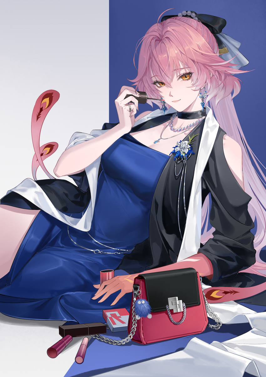1girl alternate_costume bag bag_charm black_bow black_choker blue_dress bow breasts changli_(wuthering_waves) charm_(object) choker closed_mouth clothing_cutout commentary cosmetics dress earrings english_commentary feather_hair hair_between_eyes hair_bow handbag highres holding holding_lipstick_tube jewelry lipstick_tube long_hair looking_at_viewer lying medium_breasts necklace on_side orange_eyes pink_bag pink_hair ruoruoqiu shoulder_cutout side_slit smile solo very_long_hair white_hair wuthering_waves